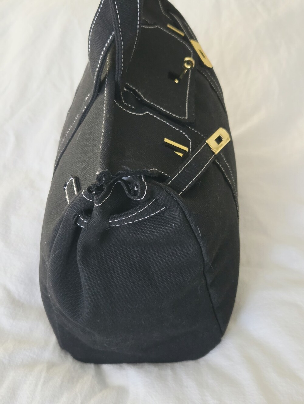 Black Canvas Boatkin Tote With White Stitching And Gold Hardware - Picture 14 of 16